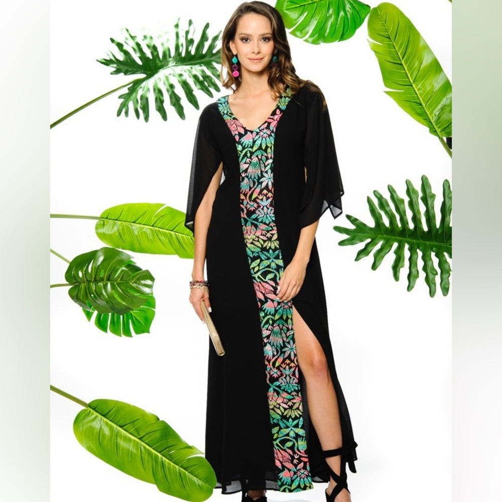 Embroidered Boho Maxi Caftan Dress Black Resort Vacation Coverup Small NWT